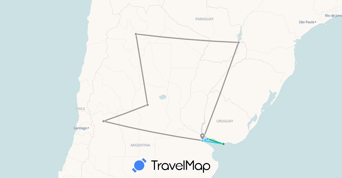 TravelMap itinerary: driving, bus, plane, boat in Argentina, Uruguay (South America)
